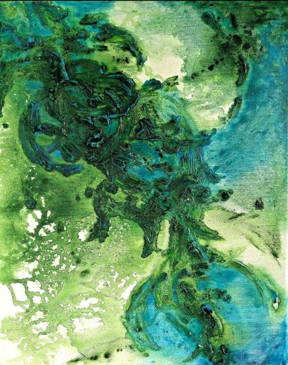 Green abstract painting on canvas 40x50 cm, contemporary fluid acrylic artwork by Bela Aleksandra inspired by inner flow, nature and Vinča symbolism.