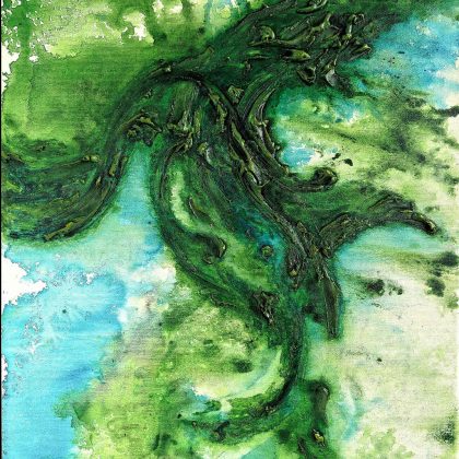 Green abstract acrylic painting on canvas 40x50 cm by Bela Aleksandra, contemporary fluid artwork inspired by Vinča archetype and ancestral memory.