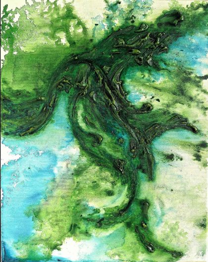 Green abstract acrylic painting on canvas 40x50 cm by Bela Aleksandra, contemporary fluid artwork inspired by Vinča archetype and ancestral memory.